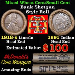 Mixed small cents 1c orig shotgun roll, 1918-s Wheat Cent, 1891 Indian Cent other end,McDnalds Wrapp