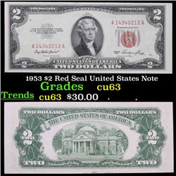 1953 $2 Red Seal United States Note Grades Select CU