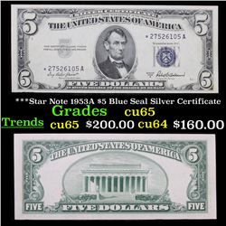 ***Star Note 1953A $5 Blue Seal Silver Certificate Grades Gem CU