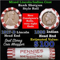 Mixed small cents 1c orig shotgun roll, 1917-d Wheat Cent, 1898 Indian Cent other end, N.F. String &