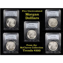 5 Unc Morgan $1 Graded By PCGS Mixed Dates From The McClaren Collection