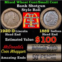 Mixed small cents 1c orig shotgun roll, 1920-d Wheat Cent, 1889 Indian Cent other end, McDonalds Wra