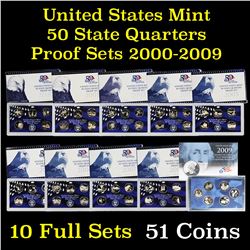 Group of 10 United States Mint 50 State Quarters Proof Sets 2000-2009 51 coins