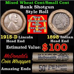 Mixed small cents 1c orig shotgun roll, 1915-d Wheat Cent, 1898 Indian Cent other end,McDnalds Wrapp