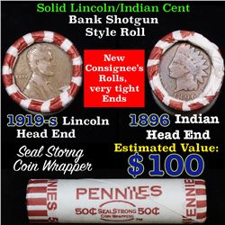 Mixed small cents 1c orig shotgun roll, 1919-s Wheat Cent, 1896 Indian Cent other end, N.F. String &