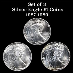 3 Silver Eagle $1 coins 1987-1989 Grades