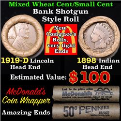 Mixed small cents 1c orig shotgun roll, 1919-d Wheat Cent, 1898 Indian Cent other end, McDonalds Wra