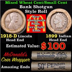 Mixed small cents 1c orig shotgun roll, 1918-d Wheat Cent, 1899 Indian Cent other end, McDonalds Wra