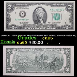 2003A $2 Green Seal San Francisco Green Seal Federal Reserve Note (FRN) Grades Gem CU