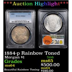 ***Auction Highlight*** PCGS 1884-p Rainbow Toned Morgan Dollar $1 Graded ms64 By PCGS (fc)