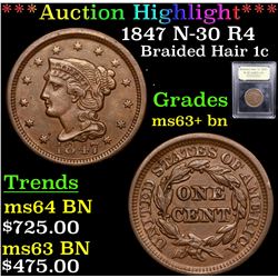 ***Auction Highlight*** 1847 N-30 R4 Braided Hair Large Cent 1c Graded Select+ Unc BN By USCG (fc)