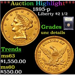 ***Auction Highlight*** 1895-p Gold Liberty Quarter Eagle $2 1/2 Graded Unc Details By USCG (fc)