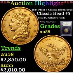***Auction Highlight*** 1834 Plain 4 Classic Breen-6502 Classic Head $5 Gold Graded Choice AU/BU Sli
