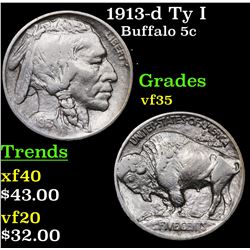 1913-d Ty I Buffalo Nickel 5c Grades vf++