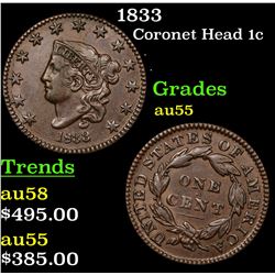 1833 Coronet Head Large Cent 1c Grades Choice AU