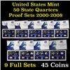 Image 1 : Group of 9 United States Mint 50 State Quarters Proof Sets 2000-2008 45 coins Grades