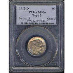 1913-D Buffalo 5C. Type 2 PCGS MS66