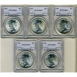 Lot of Five Peace Dollars PCGS MS65