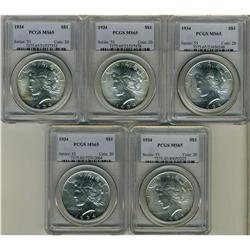 Lot of Five Peace Dollars PCGS MS65