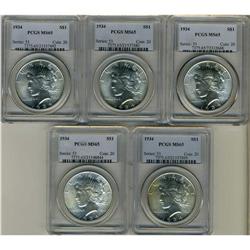 Lot of Five Peace Dollars PCGS MS65