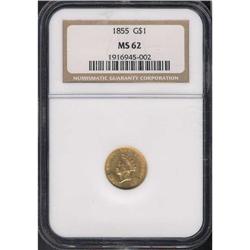 1855 $1 Gold Indian Type II NGC MS62