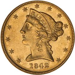 1842-D $5 Liberty. Sm Date PCGS MS62