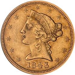 1843-O $5 Liberty. Sm Letters NGC AU58