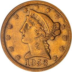 1853-D $5 Liberty. Lg D NGC EF45