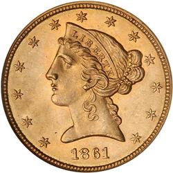 1861 $5 Liberty No Motto NGC MS66