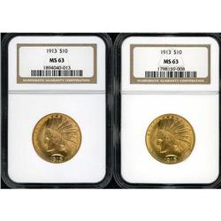 Lot of Two 1913 $10 Indian Eagles NGC MS63