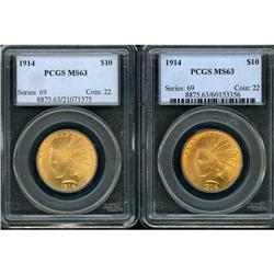 Lot of Two 1914 $10 Indian Eagles PCGS MS63