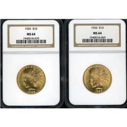 Lot of Two 1926 $10 Indian Eagles NGC MS64