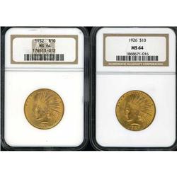 Lot of Two $10 Indian Eagles NGC MS64