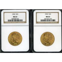 Lot of Two $10 Indian Eagles NGC MS63