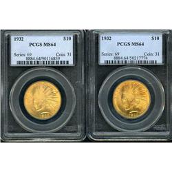 Lot of Two 1932 $10 Indian Eagles PCGS MS64