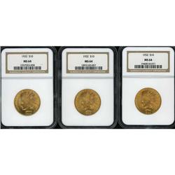 Lot of Three 1932 $10 Indian Eagles NGC MS64