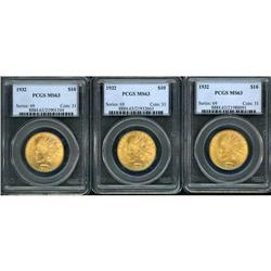 Lot of Three 1932 $10 Indian PCGS MS63