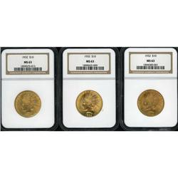 Lot of Three 1932 $10 Indian Eagles NGC MS63