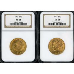 Lot of Two 1932 $10 Indian Eagles NGC MS63