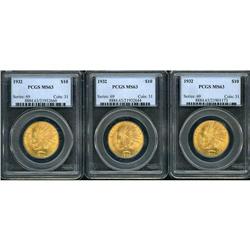 Lot of Three $10 Indian Eagles PCGS MS63