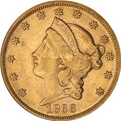 1866 $20 Liberty. Motto NGC AU58