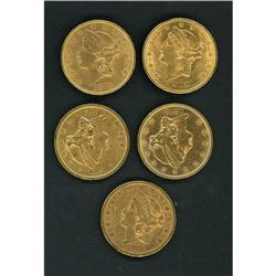 Lot of Five $20 Liberty Heads Raw