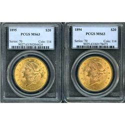 Lot of Two $20 Liberty Heads PCGS MS63