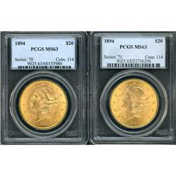 Lot of Two $20 Liberty Heads PCGS MS63