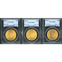 Lot of Three $20 Liberty Heads PCGS MS62