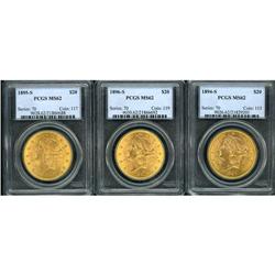 Lot of Three $20 Liberty Heads PCGS MS62