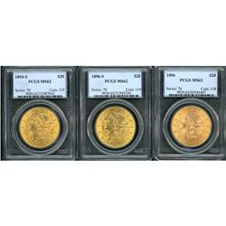 Lot of Three $20 Liberty Heads PCGS MS62