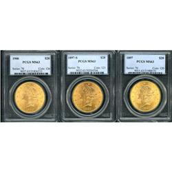 Lot of Three $20 Liberty Heads PCGS MS63