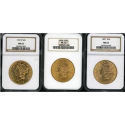 Lot of Three $20 Liberty Heads NGC MS63