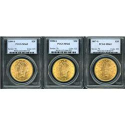 Lot of Three $20 Liberty Heads PCGS MS62